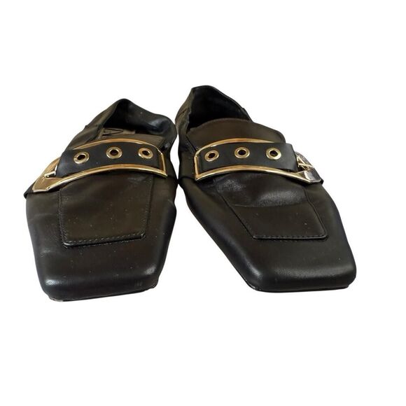 Zara Black Leather Loafers Gold Metal Buckle Square Toe Shoes Size 7.5 US - Picture 5 of 11